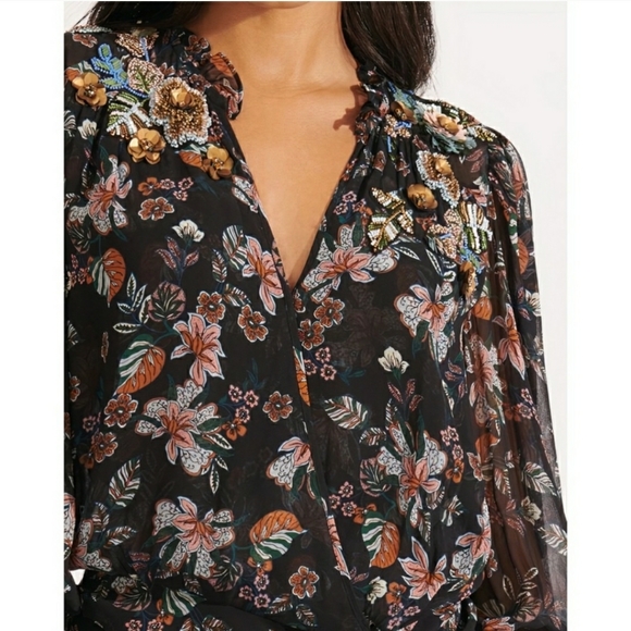 Veronica Beard Shaia Embellished Ruched Ruffle Sleeve Dress in Black Multi Sz 6 - Picture 4 of 13